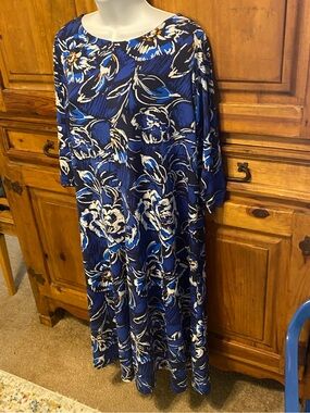 Roaman's Blue Floral A-Line Dress 18/20 Poly-Spandex Stretch Travel Capsule Boho